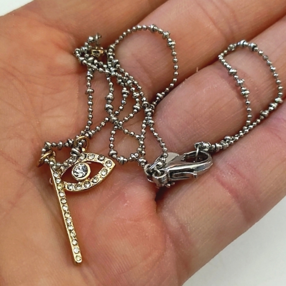 EXPRESS TWO-TONED BALL CHAIN CRYSTAL EVIL EYE AND BAR 16" NECKLACE - Picture 4 of 10